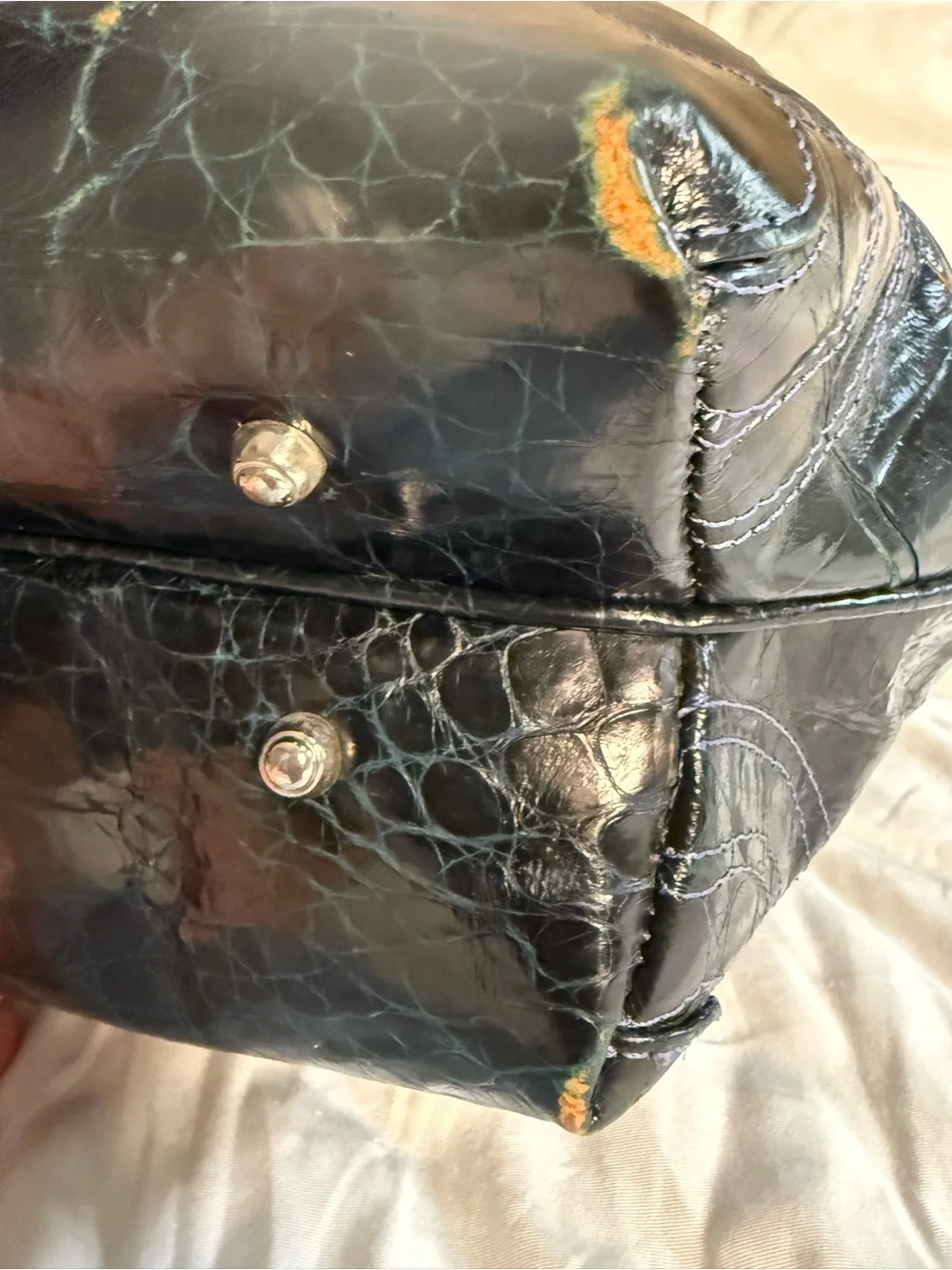 Velia Ubago Midnight Blue Crocodile Leather Bamboo Buckle Handbag